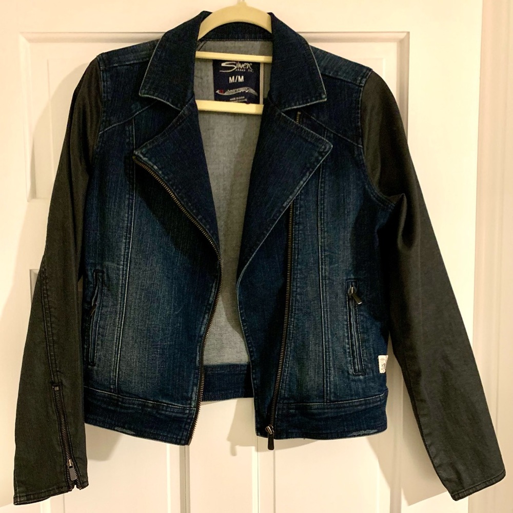 Denim jacket with black denim sleeves